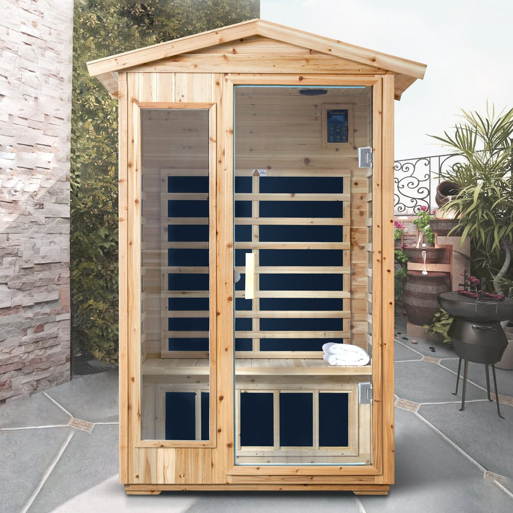 English Elm Two Person Old Fir Outdoor Far Infrared Sauna with Bluetooth and Lcd Controls W632S00010