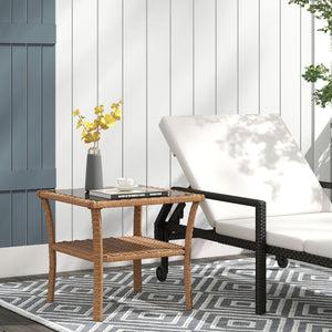 English Elm Outsunny Rattan Side Table - Stylish Outdoor Coffee Table With Storage Shelf & Glass Top, Sand W2225P200703-GIGA