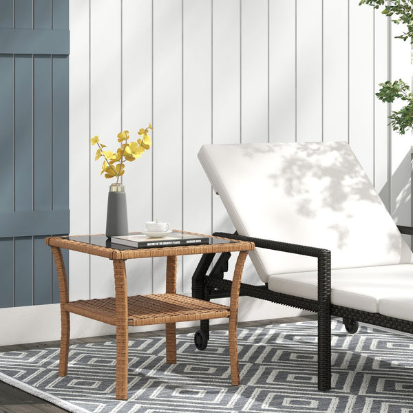 English Elm Outsunny Rattan Side Table - Stylish Outdoor Coffee Table With Storage Shelf & Glass Top, Sand W2225P200703-GIGA