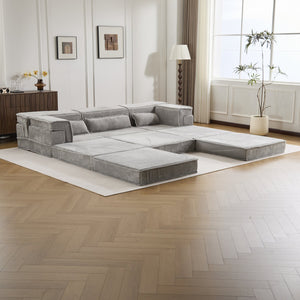 English Elm Compression Modular Sofa Bed, Versatile Light Grey Fleece Couch, No Assembly, 3-Seater & Ottoman W3723S00024