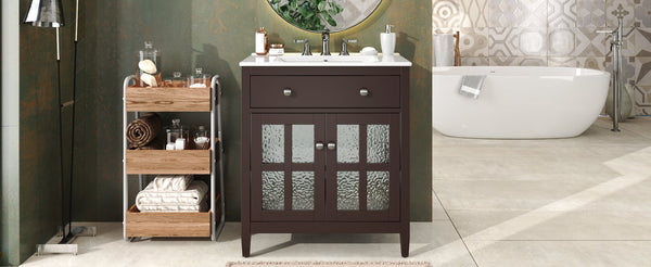 English Elm Christopher Knight Home® - 30" Bathroom Vanity with Ceramic Sink, Solid Wood Legs, Adjustable Shelf, Tip-Out Tray, Soft-Close Hinges, Silver Knobs, Moisture-Resistant Finish Dark Brown N817P286250D