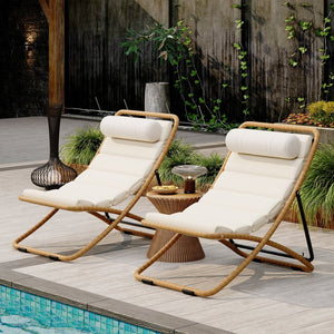 English Elm Trexm Rattan Wrapped Folding Outdoor Lounge Chair Set with Cushion and Adjustable Recline Yellow N715P428435V