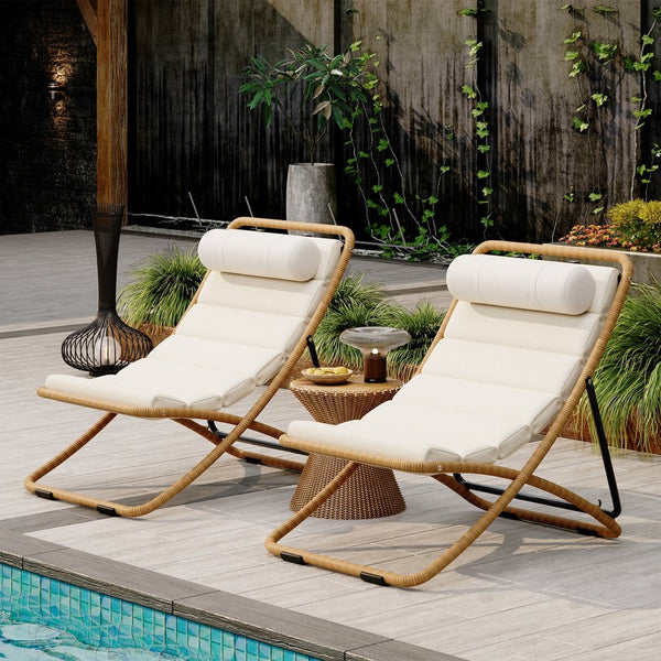 English Elm Trexm Rattan Wrapped Folding Outdoor Lounge Chair Set with Cushion and Adjustable Recline Yellow N715P428435V