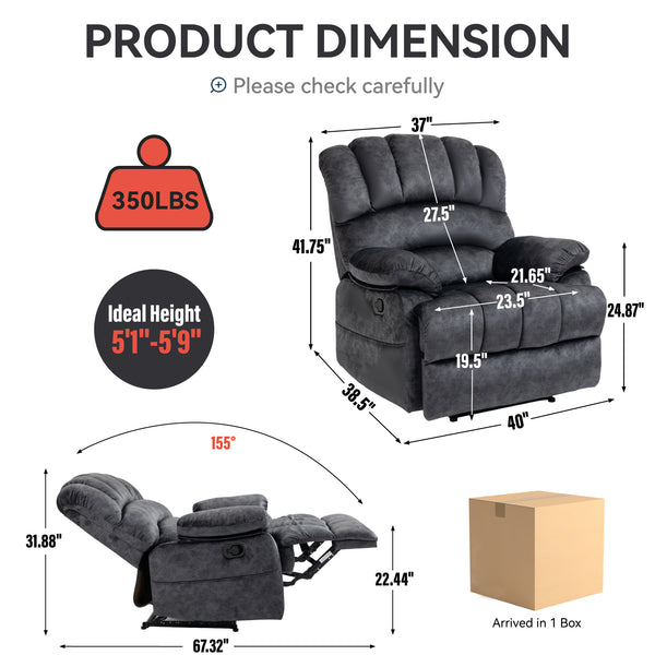 English Elm Large Oversized Manual Recliner Upholstered in Neutral Fabric for Relaxing Living Rooms Grey W3224P288516