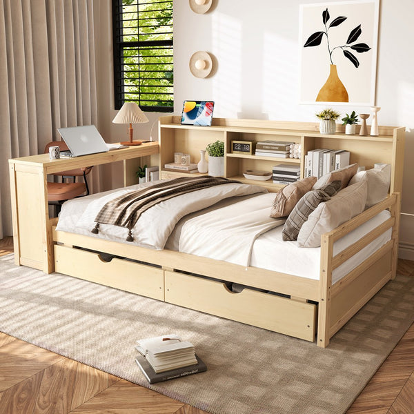 English Elm Twin Corner Daybed Pine Frame Built in Desk Bookcase Drawers Charging Kids Room Natural W697S00042
