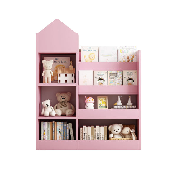 English Elm Pink Kids Wooden Bookshelf Toy Organizer with 6 Compartments, 2 Bins & Cubby Shelves - Sturdy MDF Storage for Nursery W2876P233556