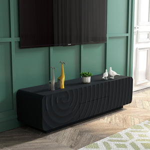 English Elm 58''tv Console Sculpted Spiral Wave Relief Walnut Mid-century Media Stand with Storage Black W2263P412355