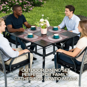 English Elm 5-piece Outdoor Dining Set Square Steel Table Pe Rattan Chairs with Cushions Patio T5880S00023