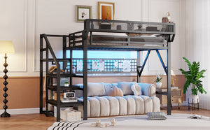 English Elm Full Metal Loft Bed with Stairs Wardrobe Rgb Lighting and Storage for Teens W2580S00066