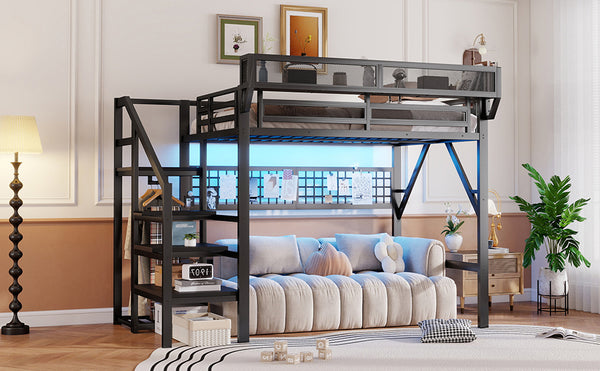 English Elm Full Metal Loft Bed with Stairs Wardrobe Rgb Lighting and Storage for Teens W2580S00066