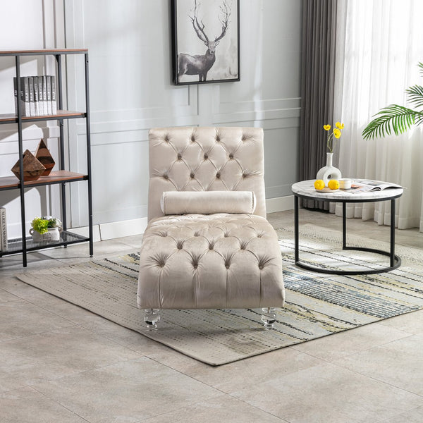 English Elm Velvet Curved Chaise Lounge Sofa with Button-Tufted Upholstery, Plush Foam Seat and Acrylic Legs Beige W39538682