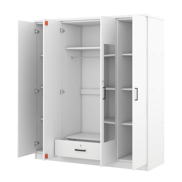 English Elm 4-door Mirrored Wardrobe White Mdf Armoire with Interior Shelves and Lockable Drawer LP006602AAK