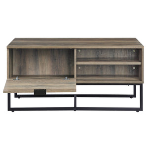 English Elm Rustic Oak and Black Coffee Table with Self-Close Cabinet, Open Shelves, Metal Leg, Clutter-Free Design B062P185649