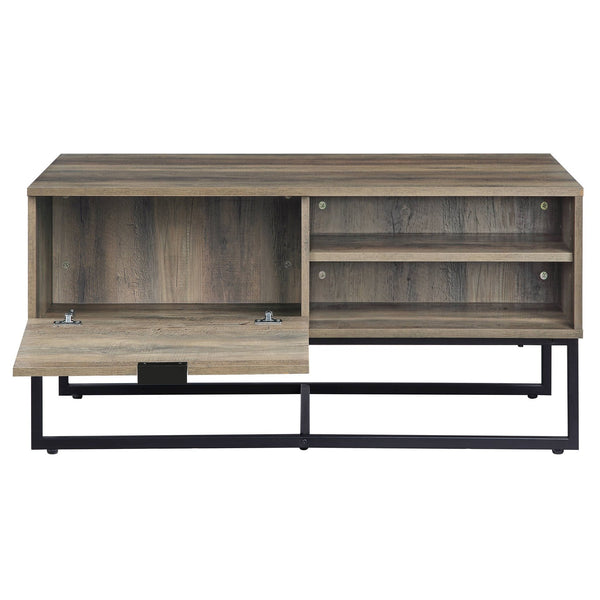 English Elm Rustic Oak and Black Coffee Table with Self-Close Cabinet, Open Shelves, Metal Leg, Clutter-Free Design B062P185649