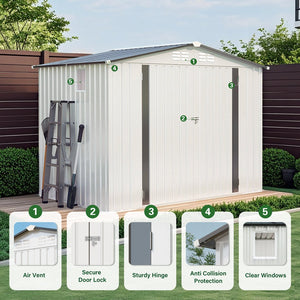 English Elm 8x6 Ft Galvanized Steel Outdoor Storage Shed with Pitched Roof Window and Lockable Door W3213P309388