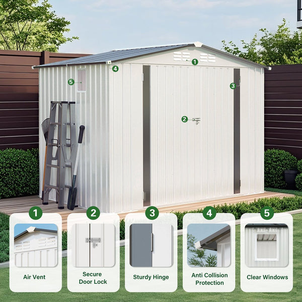 English Elm 8x6 Galvanized Steel Outdoor Storage Shed with Pitched Roof Lockable Doors and Window W3213S00007