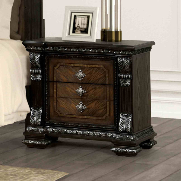 English Elm Ornate Silver Molding Nightstand with Usb Charging Dovetail Drawers Bedroom Storage Espresso B2741P435895