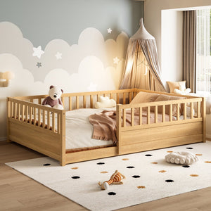 English Elm Twin Montessori Floor Bed Solid Pine Frame with Safety Fence Door for Kids Play Space Natural W1858P382402