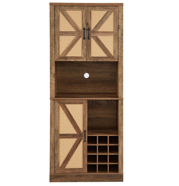 English Elm 76-Inch Rustic Oak Wine Cabinet with 12 Compartments, 3D Faux Rattan Doors, Glass Holders & Shelves W2702P183964