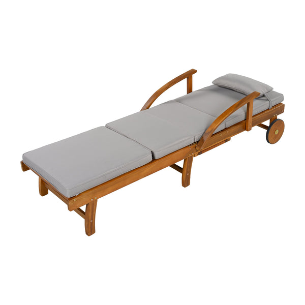English Elm U_style Acacia Wood Outdoor Chaise Lounger with Reclining Backrest Cushions and Side Tray Gray N711P415859E