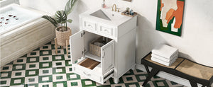 English Elm 24'' Retro Bathroom Vanity Solid Rubberwood Frame Ceramic Sink Soft Close Storage White N710P405405K