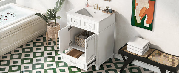 English Elm 24'' Retro Bathroom Vanity Solid Rubberwood Frame Ceramic Sink Soft Close Storage White N710P405405K