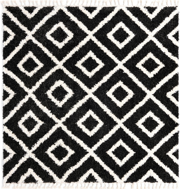 Unique Loom Hygge Shag Diamond Machine Made Geometric Rug Black and White,  7' 10" x 7' 10"