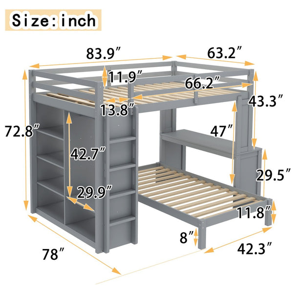 English Elm Queen Solid Wood Bunk Bed With Dismountable Twin, Desk, Shelves & Wardrobe - Modern Grey Design W1580S00215-GIGA