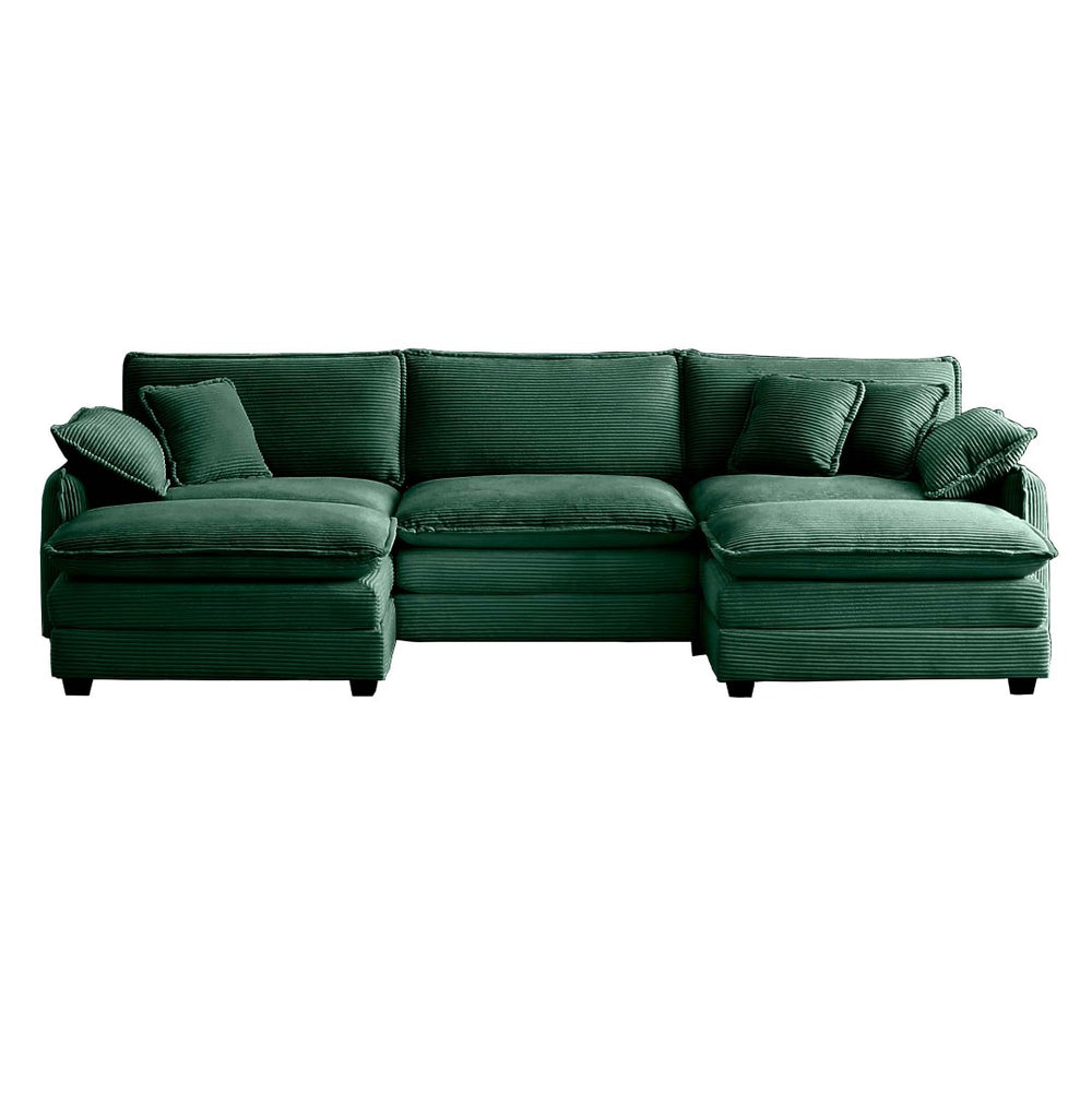 English Elm Oversized Modular Sofa In Green Corduroy - U-Shaped 3-Seater With Convertible Ottoman & Footstools W714S00738-GIGA