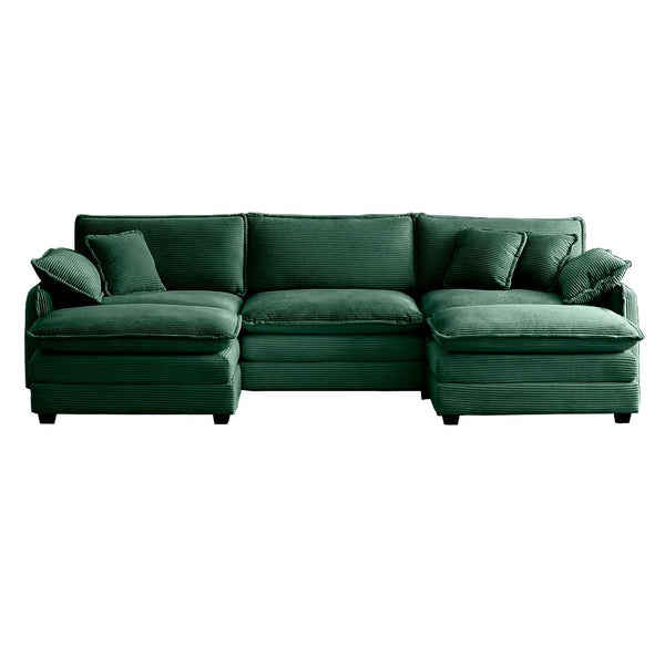 English Elm Oversized Modular Sofa In Green Corduroy - U-Shaped 3-Seater With Convertible Ottoman & Footstools W714S00738-GIGA
