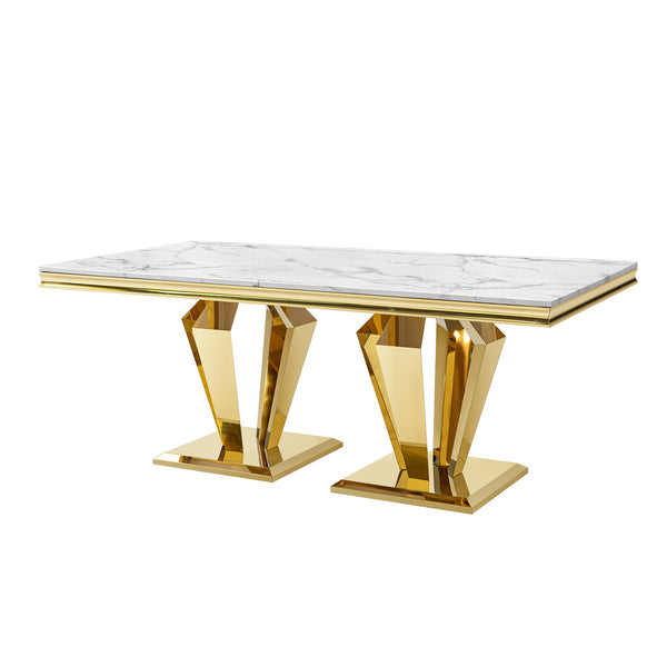 English Elm Luxury Gold Pvd Steel Rectangular Dining Table with Black Tempered Glass Seats Six White+Gold W2723S00086