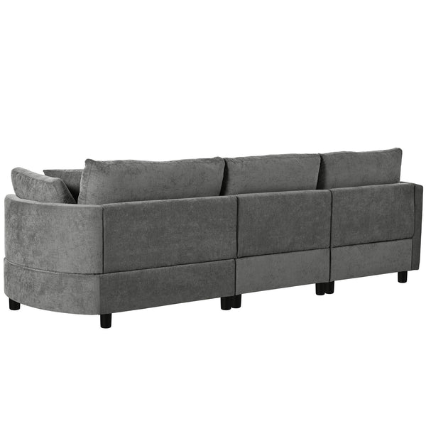 English Elm U_style Chenille Sectional Sofa with Curved Chaise Pine Frame and Three Accent Pillows Grey WY000461AAE