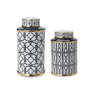 English Elm Elegant White Ceramic Ginger Jar With Bold Black Geometric Design - Modern Decor & Storage Solution B030P308543