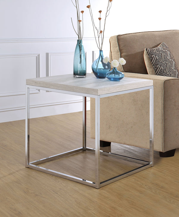 English Elm Light sleek rectangular coffee table with engineered stone top and polished metal sled base for modern living spaces Chrome,Light Oak B062P209118