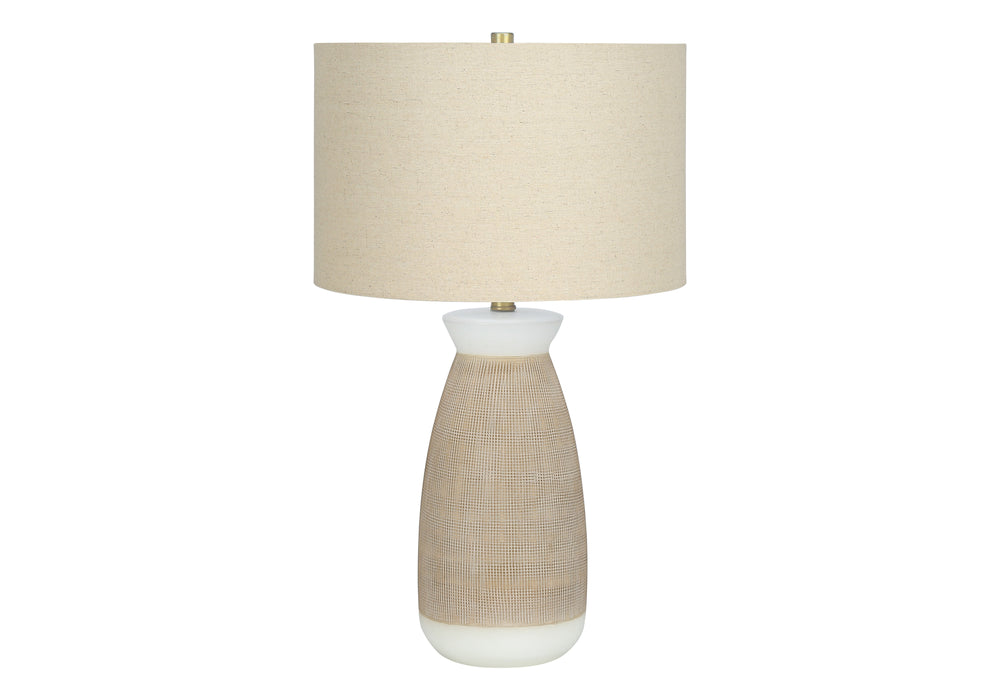 English Elm Lighting, 27"h ceramic table lamp with textured vase base, beige linen drum shade & gold finial Cream 17 L x 17 W x 19 H B2710P220140