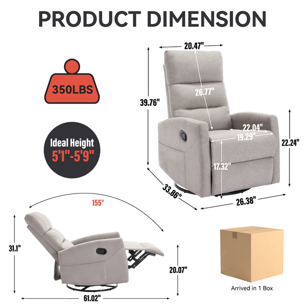 English Elm Manual Swivel Rocker Recliner Fabric Chair with 360 Degree Rotation for Living Room W3224P289284