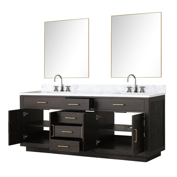 English Elm Brown Oak Double Bath Vanity Set With Carrara Marble Top, Dual Sinks, Chrome Faucets & Mirrors B2731S01805