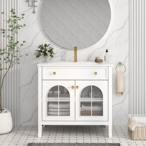 English Elm 35.6" Freestanding Bathroom Vanity with Roman Column Base and Ceramic Integrated Sink White W1801S00001