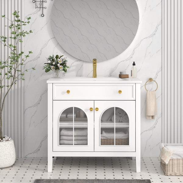 English Elm 35.6" Freestanding Bathroom Vanity with Roman Column Base and Ceramic Integrated Sink White W1801S00001