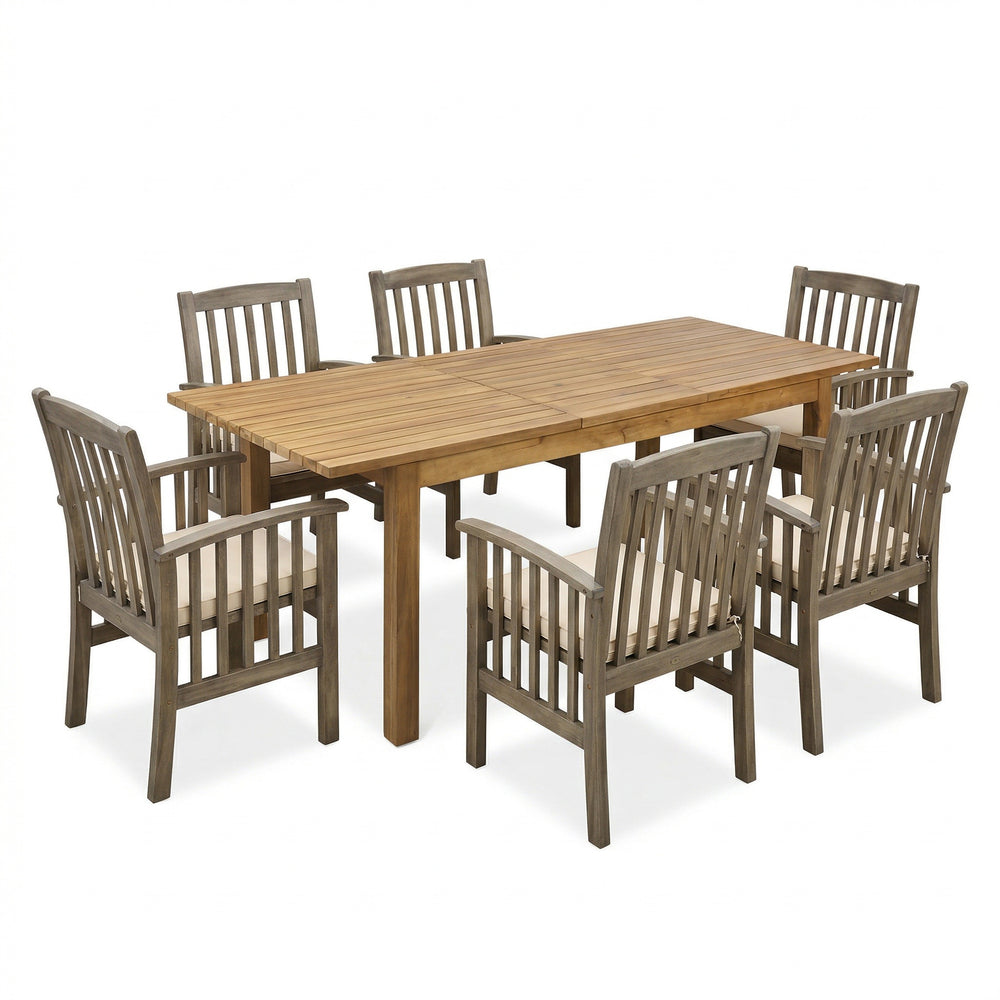 English Elm 7 Piece Solid Acacia Wood Outdoor Dining Set Extendable Table and 6 Slat Chairs N762S000036AAK