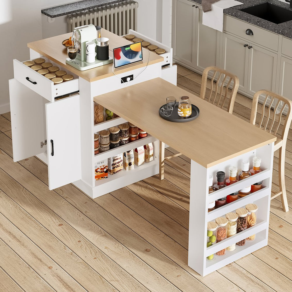 English Elm Extendable Kitchen Island with Storage Drawers Open Shelving and Cabinet in White W1580S00273