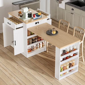 English Elm Extendable Kitchen Island with Storage Drawers Open Shelving and Cabinet in White W1580S00273