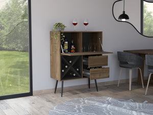 English Elm Sheffield Industrial Bar Cabinet with Eight Bottle Cubbies and Steel Legs for Home Entertaining B128S00155