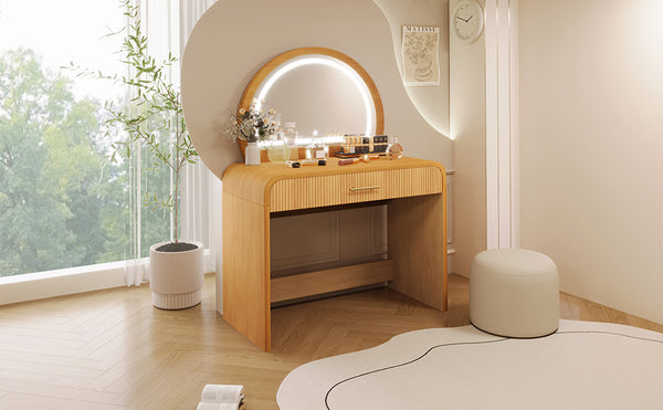 English Elm 39" Makeup Vanity Table with Touchscreen LED Mirror, Sleek Dressing Table with Drawer and Glass Top - Durable Rubberwood, Fast Assembly Natural N704P196658N