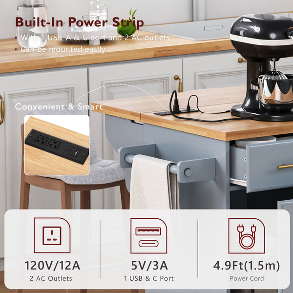 English Elm K&k Rolling Kitchen Island Rubber Wood Top Brass Hardware Built-in Outlets Storage Grey+Blue N707S299014G