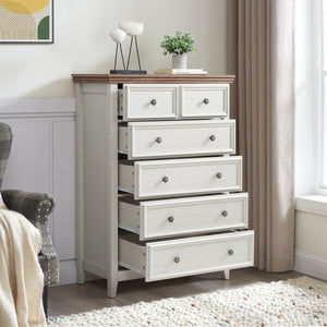English Elm Modern 6-Drawer Chest Tall Dresser with Vintage Carved Handles, Silent Metal Rails, Stable Feet, Beige Elegance W2275P233490