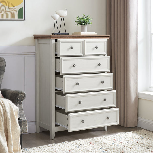 English Elm Modern 6-Drawer Chest Tall Dresser with Vintage Carved Handles, Silent Metal Rails, Stable Feet, Beige Elegance W2275P233490