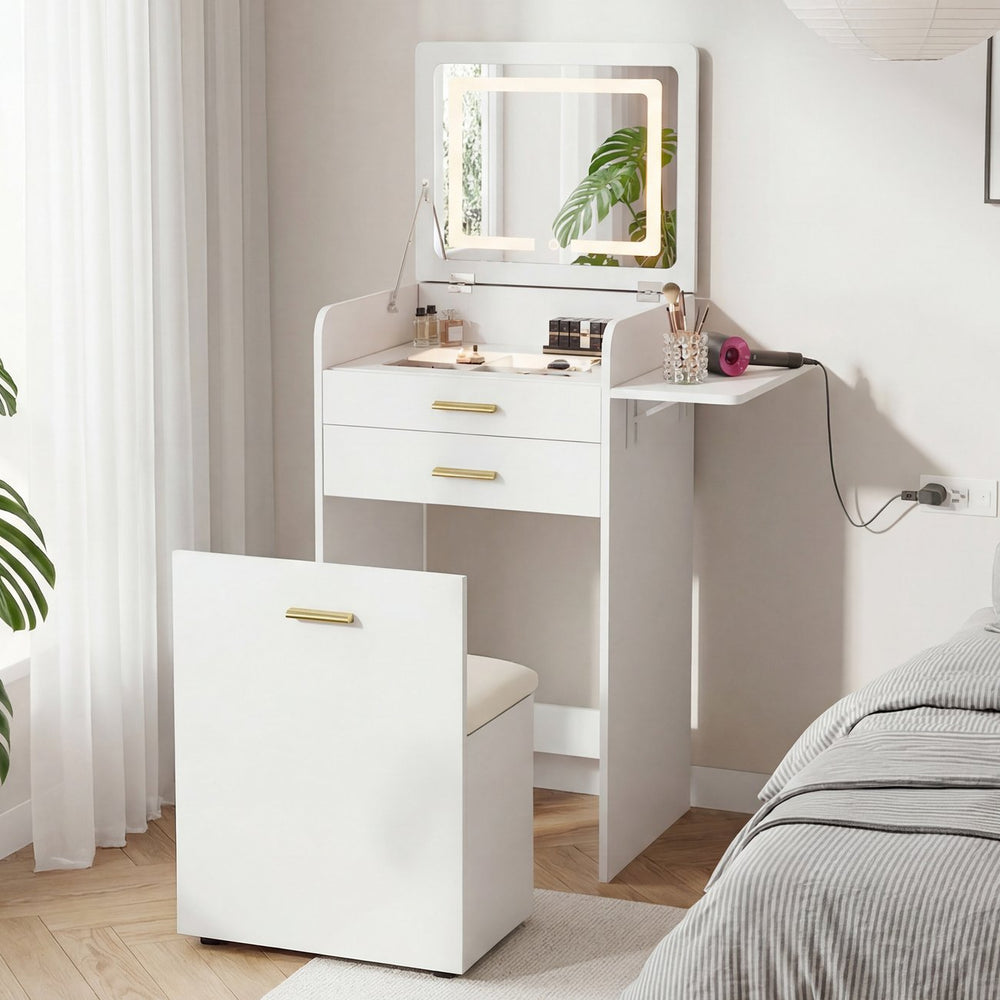 English Elm Flip-top Vanity with Led Lighting Folding Mirror Stool and Storage for Small Bedrooms W3767P441920