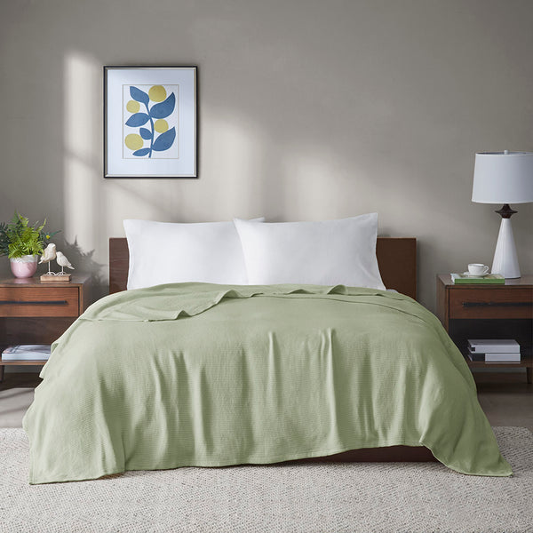 JLA Home Madison Park - Cotton lightweight basket-weave blanket, OEKO‑TEX certified, breathable first-pick upland cotton comfort Green MP51N-8384