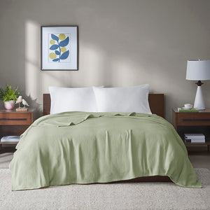 JLA Home Madison Park - Cotton Madison Park Basket Weave Blanket — Lightweight, OEKO‑TEX Certified Comfort for Year‑Round Use Green MP51N-8382